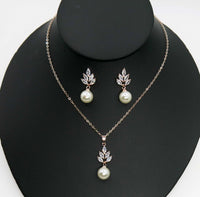 Bridesmaid Pearl Drop Necklace and Earring 3 PC Jewelry Set, Bridal 14K Gold Plated Crystal CZ Gem Pendant Necklace - KaleaBoutique.com