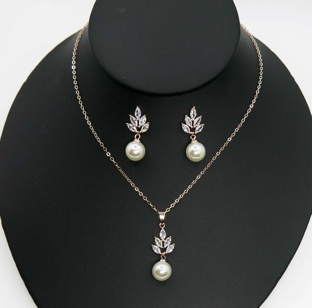 Bridesmaid Pearl Drop Necklace and Earring 3 PC Jewelry Set, Bridal 14K Gold Plated Crystal CZ Gem Pendant Necklace - KaleaBoutique.com