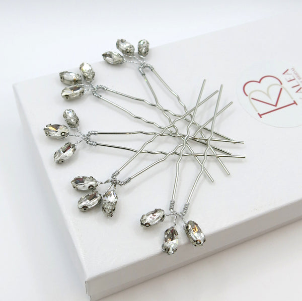 Rhinestone Leaf Minimalist 5 PC Hairpin Set, Bridal Crystal Hair Pins, Bridesmaids Wedding Hairpiece Set - KaleaBoutique.com