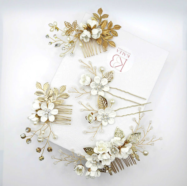 White Flower Bridal Hair Comb, Bridesmaid Floral White Hairpieces, Wedding White Flower Wire Hairpins - KaleaBoutique.com