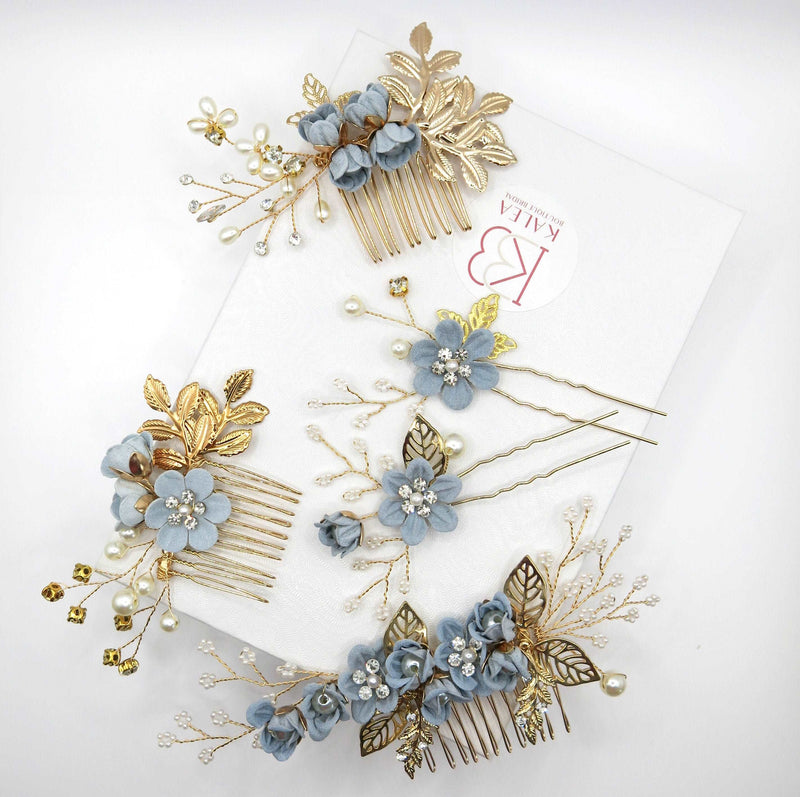 Blue Flower Bridal Hair Comb, Bridesmaid Floral Blue Hairpieces, Wedding Blue Flower Wire Hairpins - KaleaBoutique.com