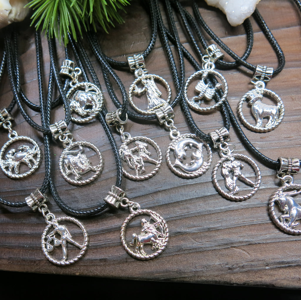 Zodiac Unisex Pendant Necklace, Silver Black Cord Boho Medallion Zodiac Sign Beach Necklace