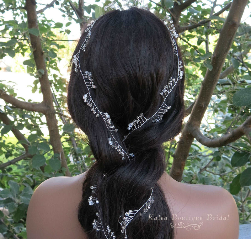 X-Long Silver Hair Vine, Crystal Bead Long Hair Wire Head Wreath, Wedding Silver Headband Gem Hairpiece - KaleaBoutique.com