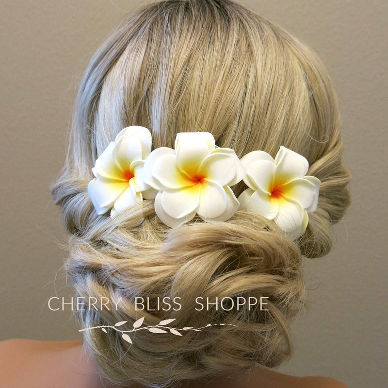 3 PC Double Layer Plumeria Hair Clip Set, White Hawaii Flower Hairclips, Floral Beach Hairpin Headpiece - KaleaBoutique.com