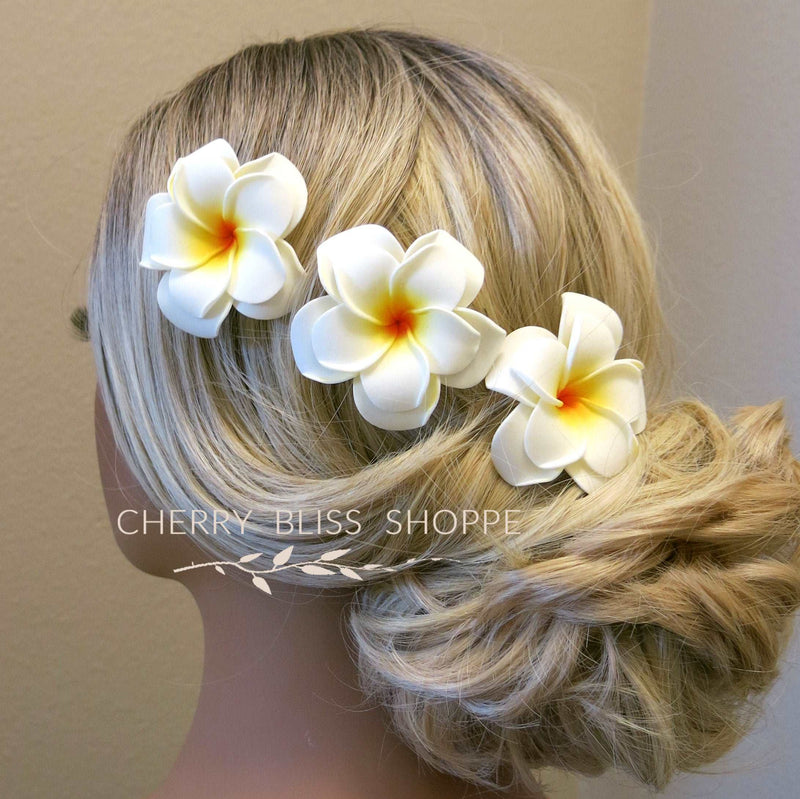 3 PC Double Layer Plumeria Hair Clip Set, White Hawaii Flower Hairclips, Floral Beach Hairpin Headpiece - KaleaBoutique.com