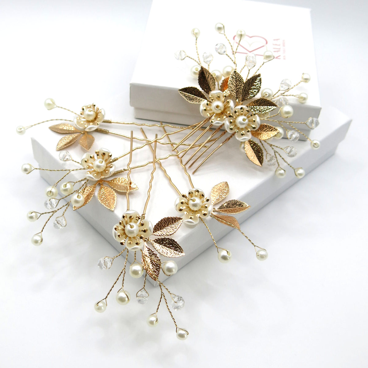Gold Flower Hairpins 4 PC Set or Bridal Pearl Hair Comb, Bridesmaid U-Shaped Floral Hairpins and Crystal Hair Comb - KaleaBoutique.com