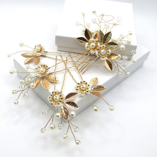 Gold Flower Hairpins 4 PC Set or Bridal Pearl Hair Comb, Bridesmaid U-Shaped Floral Hairpins and Crystal Hair Comb - KaleaBoutique.com