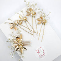 Gold Flower Hairpins 4 PC Set or Bridal Pearl Hair Comb, Bridesmaid U-Shaped Floral Hairpins and Crystal Hair Comb - KaleaBoutique.com