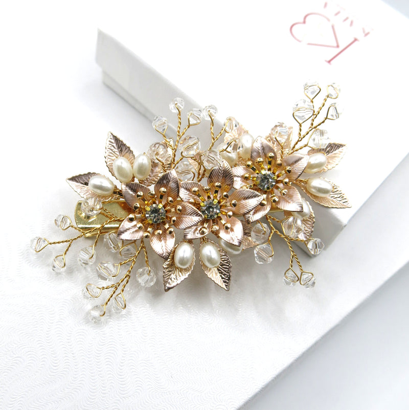 Embossed Metal Flower Hairclip, Gold Leaf Bridal Alligator Floral Wedding Hair Clip, Gold or Silver - KaleaBoutique.com