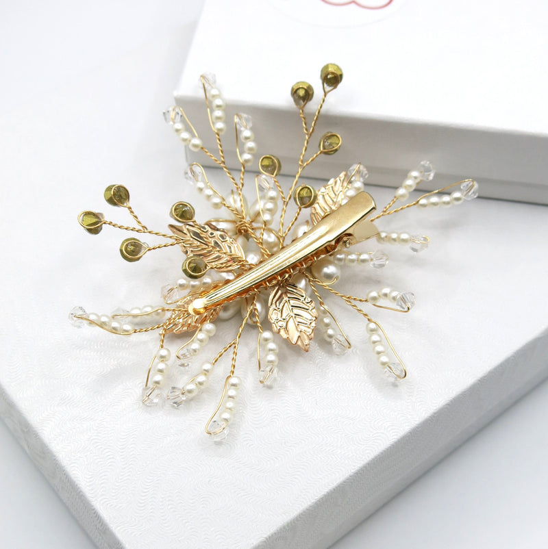 Pearl Flower Small Gold Hairclip, Bridal Swarovski Crystal Hairpiece, Wedding Floral Alligator Hair Clip - KaleaBoutique.com