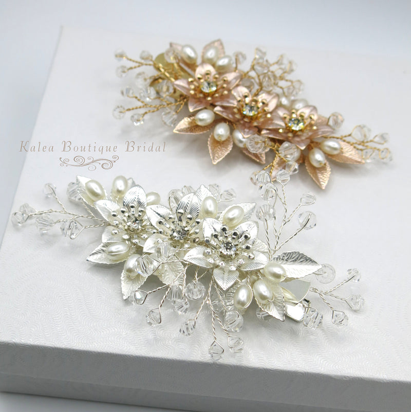 Embossed Metal Flower Hairclip, Gold Leaf Bridal Alligator Floral Wedding Hair Clip, Gold or Silver - KaleaBoutique.com