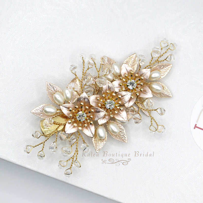 Embossed Metal Flower Hairclip, Gold Leaf Bridal Alligator Floral Wedding Hair Clip, Gold or Silver - KaleaBoutique.com