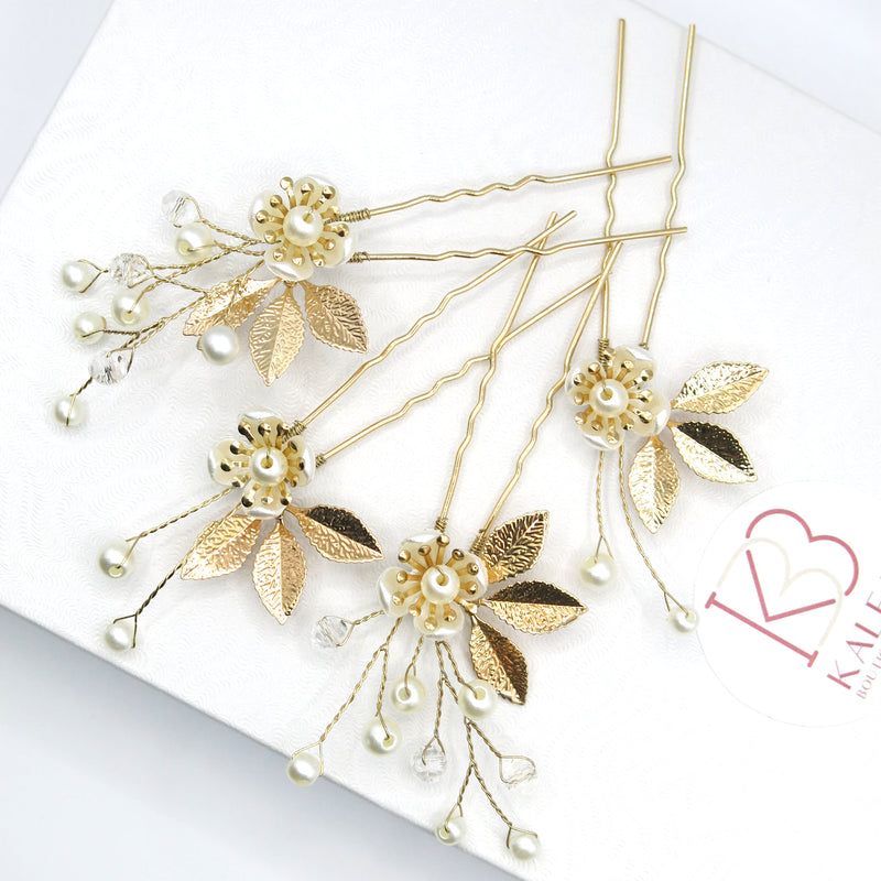 Gold Flower Hairpins 4 PC Set or Bridal Pearl Hair Comb, Bridesmaid U-Shaped Floral Hairpins and Crystal Hair Comb - KaleaBoutique.com
