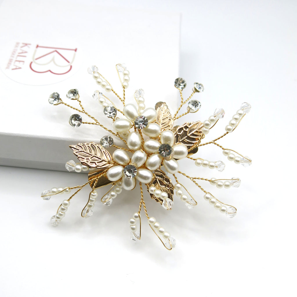 Pearl Flower Small Gold Hairclip, Bridal Swarovski Crystal Hairpiece, Wedding Floral Alligator Hair Clip - KaleaBoutique.com