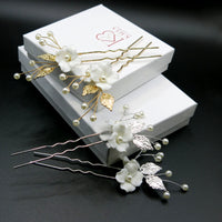 Two Flowers 2 PC Bridal Hairpin Set, Wedding Ceramic U Shape Hair Pins, Wired Pearl Hair Pins, in Gold or Silver - KaleaBoutique.com