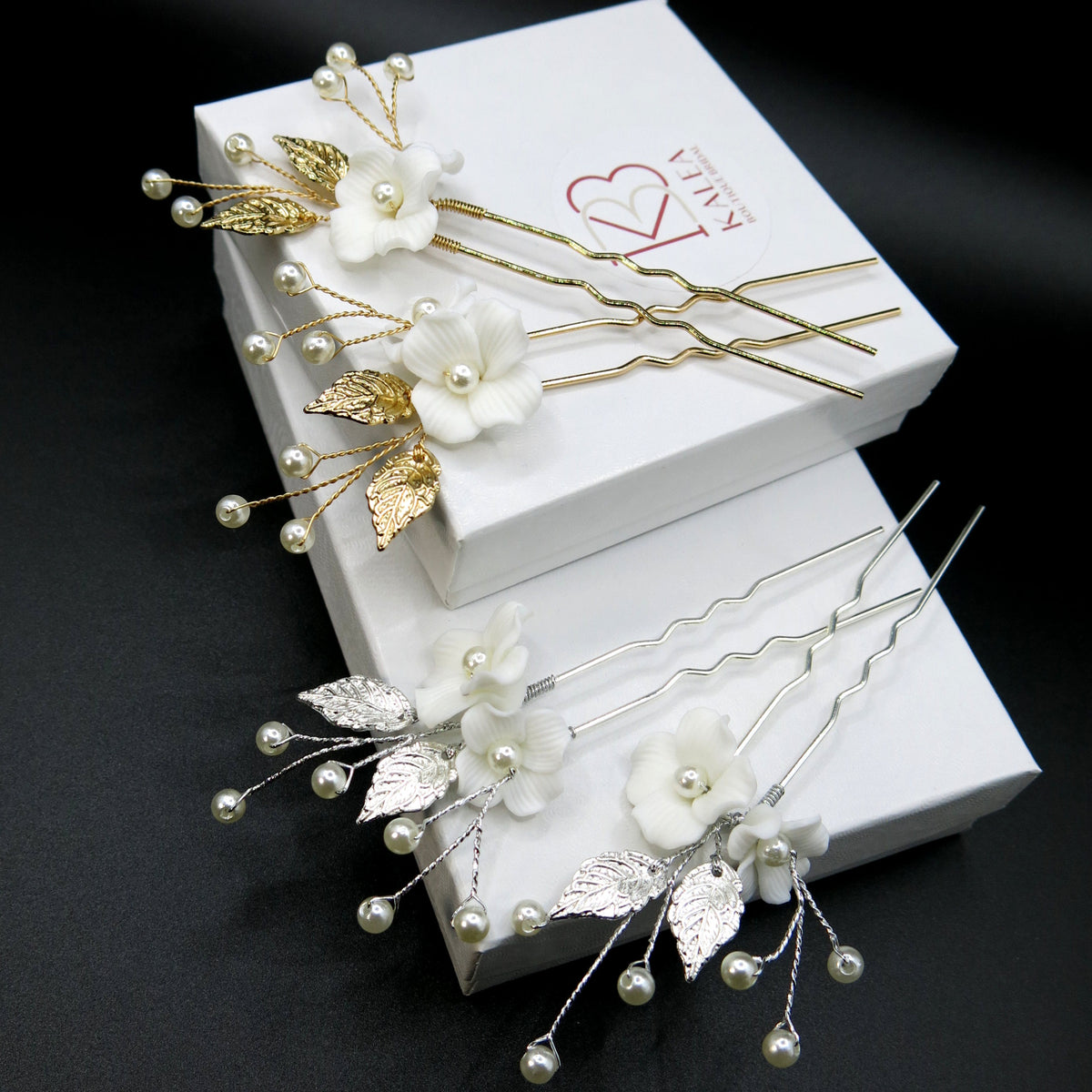 Two Flowers 2 PC Bridal Hairpin Set, Wedding Ceramic U Shape Hair Pins, Wired Pearl Hair Pins, in Gold or Silver - KaleaBoutique.com