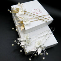 Two Flowers 2 PC Bridal Hairpin Set, Wedding Ceramic U Shape Hair Pins, Wired Pearl Hair Pins, in Gold or Silver - KaleaBoutique.com