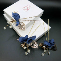 Blue Flowers 3 PC Bridal Hairpin Set, Wedding Blue Silk Flower U-Shape Hair Pins, Bridesmaid Blue Flower Hairpins, Bride Flower Blue Hairpin - KaleaBoutique.com