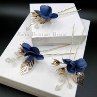 Blue Flowers 3 PC Bridal Hairpin Set, Wedding Blue Silk Flower U-Shape Hair Pins, Bridesmaid Blue Flower Hairpins, Bride Flower Blue Hairpin - KaleaBoutique.com