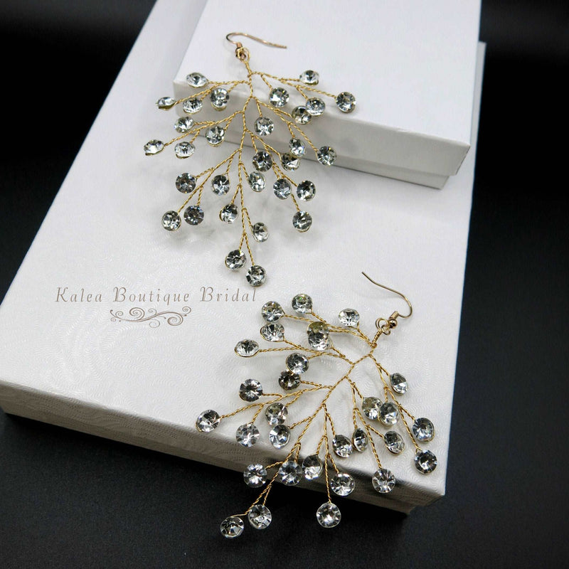 Bridal Blue Crystal Earrings, Rhinestone Earrings, Bridesmaid Dangle Crystal Earrings, Wedding Gold or Silver Wire Large Earrings - KaleaBoutique.com