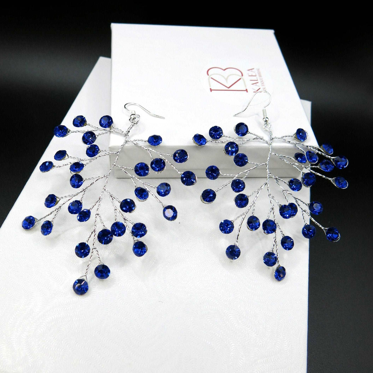 Bridal Blue Crystal Earrings, Rhinestone Earrings, Bridesmaid Dangle Crystal Earrings, Wedding Gold or Silver Wire Large Earrings - KaleaBoutique.com