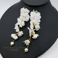 White Silk Flower Dangle Earrings, Custom Floral Wedding Earrings, Bridal Floral Statement Earrings, Silk Flower Petal Stud Earrings for Bride - KaleaBoutique.com