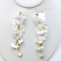 White Silk Flower Dangle Earrings, Custom Floral Wedding Earrings, Bridal Floral Statement Earrings, Silk Flower Petal Stud Earrings for Bride - KaleaBoutique.com