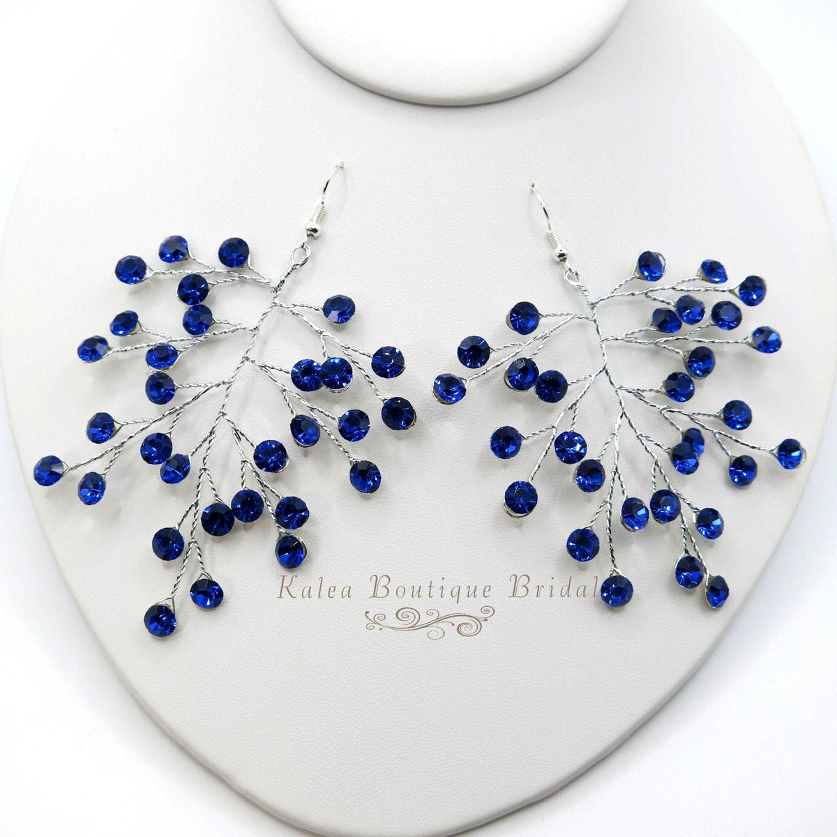 Bridal Blue Crystal Earrings, Rhinestone Earrings, Bridesmaid Dangle Crystal Earrings, Wedding Gold or Silver Wire Large Earrings - KaleaBoutique.com