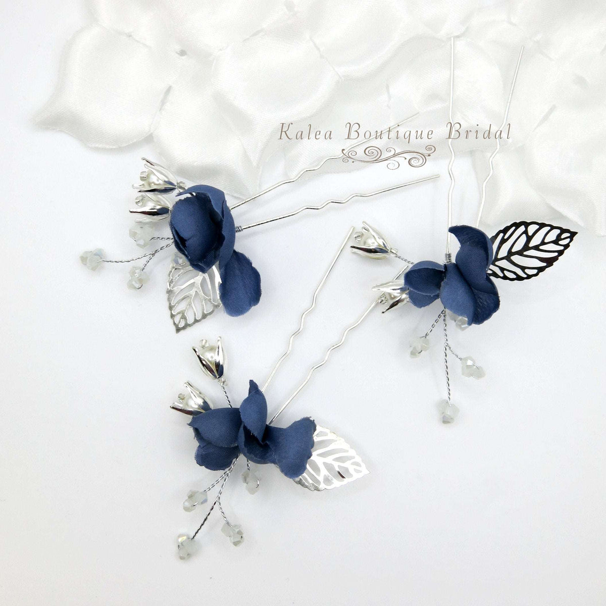 Blue Flowers 3 PC Bridal Hairpin Set, Wedding Blue Silk Flower U-Shape Hair Pins, Bridesmaid Blue Flower Hairpins, Bride Flower Blue Hairpin - KaleaBoutique.com