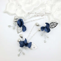Blue Flowers 3 PC Bridal Hairpin Set, Wedding Blue Silk Flower U-Shape Hair Pins, Bridesmaid Blue Flower Hairpins, Bride Flower Blue Hairpin - KaleaBoutique.com