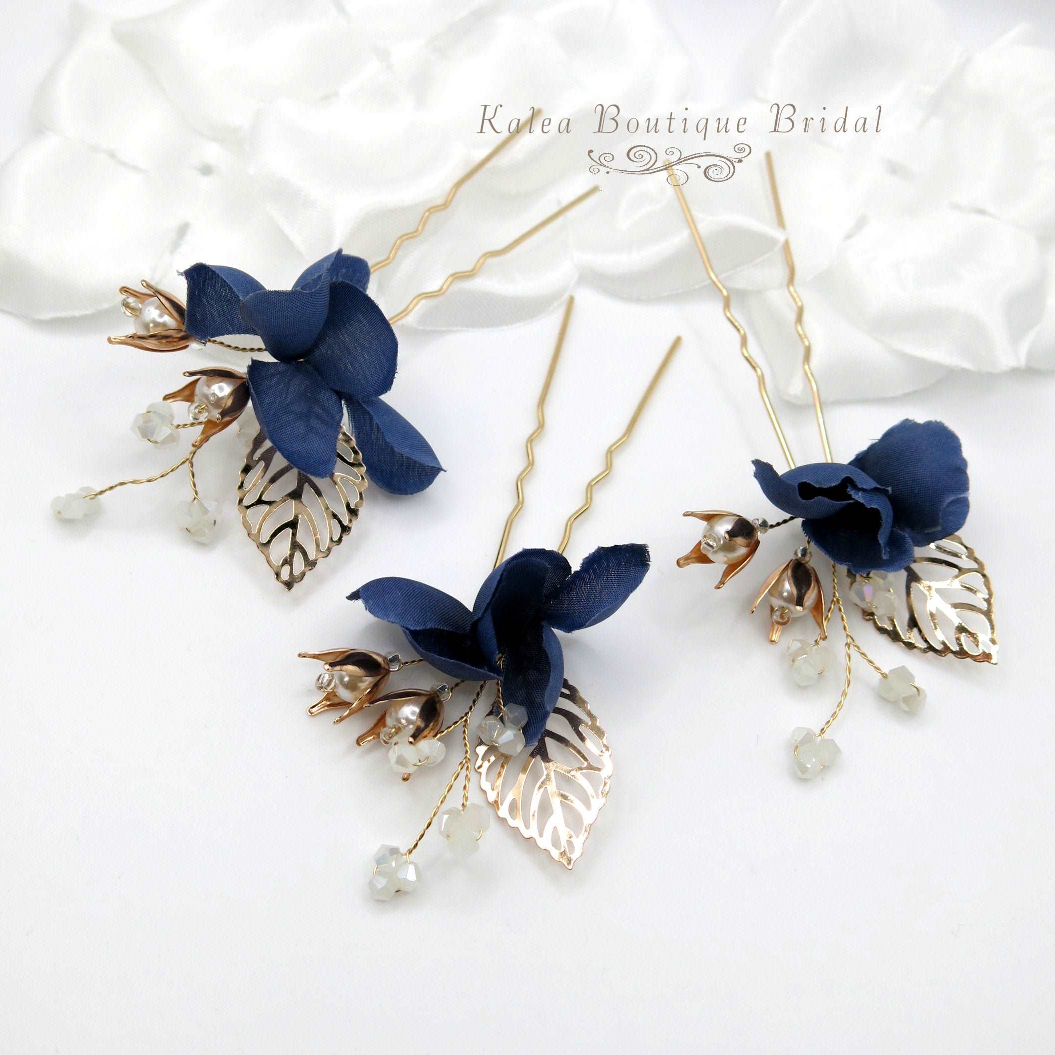 Blue Flowers 3 PC Bridal Hairpin Set, Wedding Blue Silk  display picture 3