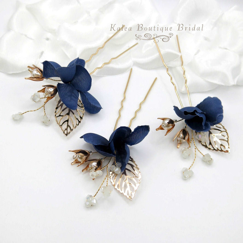Blue Flowers 3 PC Bridal Hairpin Set, Wedding Blue Silk Flower U-Shape Hair Pins, Bridesmaid Blue Flower Hairpins, Bride Flower Blue Hairpin - KaleaBoutique.com