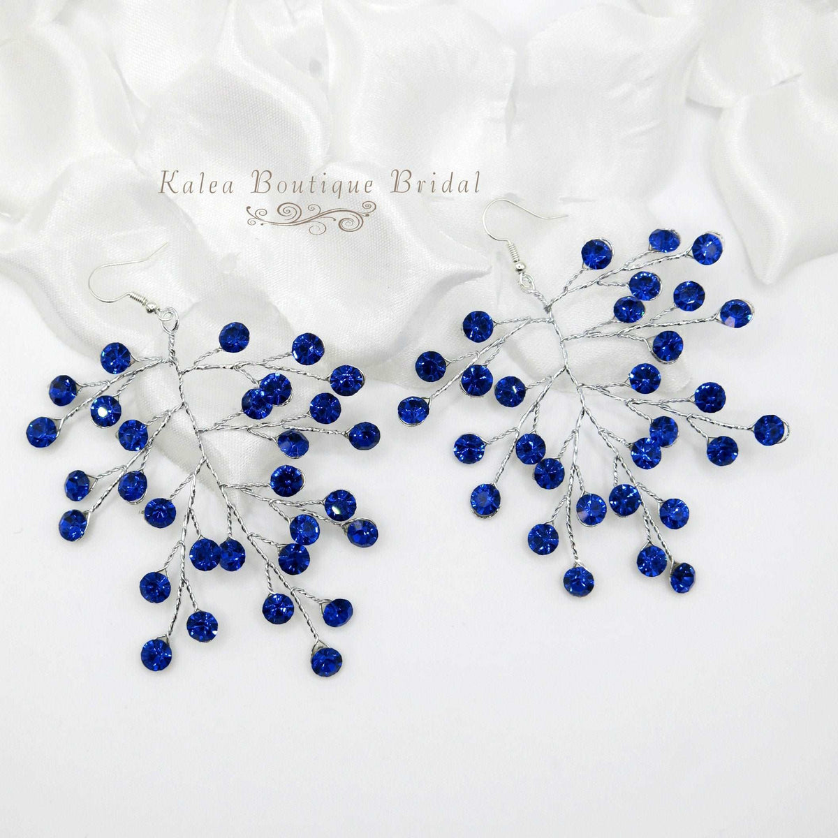 Bridal Blue Crystal Earrings, Rhinestone Earrings, Bridesmaid Dangle Crystal Earrings, Wedding Gold or Silver Wire Large Earrings - KaleaBoutique.com