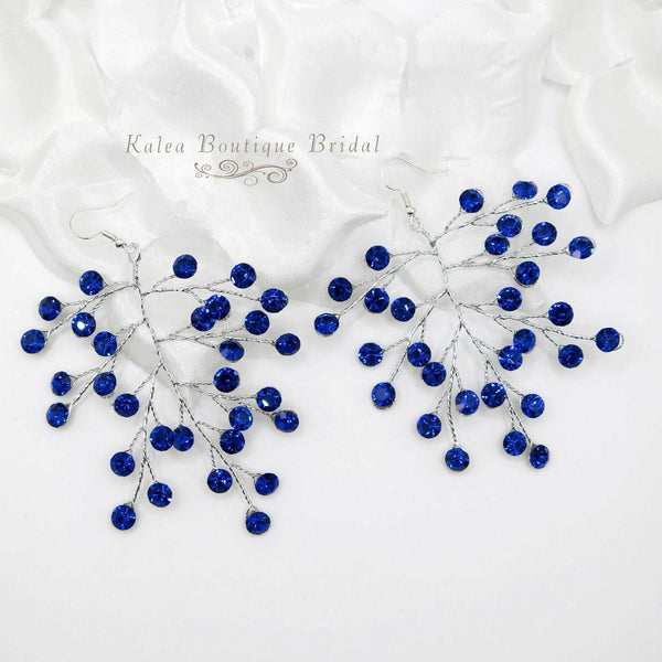 Bridal Blue Crystal Earrings, Rhinestone Earrings, Bridesmaid Dangle Crystal Earrings, Wedding Gold or Silver Wire Large Earrings - KaleaBoutique.com
