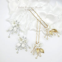 Two Flowers 2 PC Bridal Hairpin Set, Wedding Ceramic U Shape Hair Pins, Wired Pearl Hair Pins, in Gold or Silver - KaleaBoutique.com