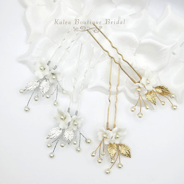Two Flowers 2 PC Bridal Hairpin Set, Wedding Ceramic U Shape Hair Pins, Wired Pearl Hair Pins, in Gold or Silver - KaleaBoutique.com