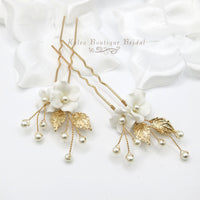 Two Flowers 2 PC Bridal Hairpin Set, Wedding Ceramic U Shape Hair Pins, Wired Pearl Hair Pins, in Gold or Silver - KaleaBoutique.com