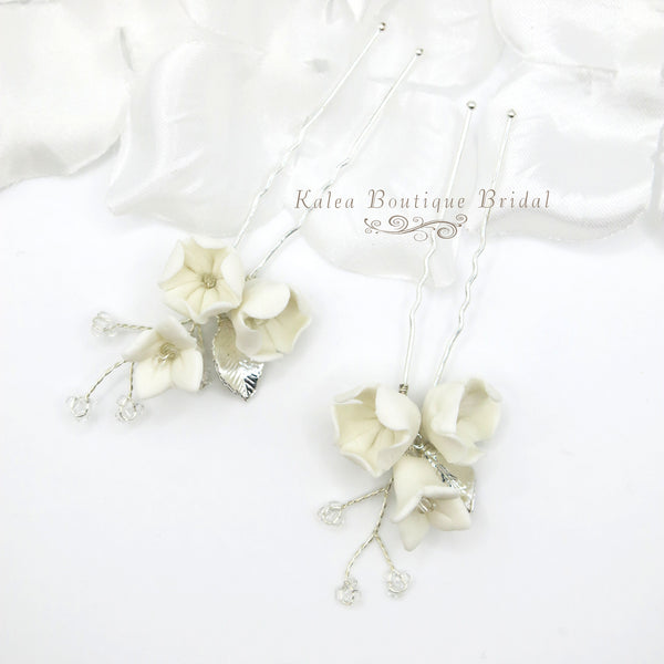 Porcelain Flower 2 PC Hairpin Set, Wedding Clay Floral U-Shape Hair Pins, Bridal Ceramic Flower Hair Pin Set - KaleaBoutique.com