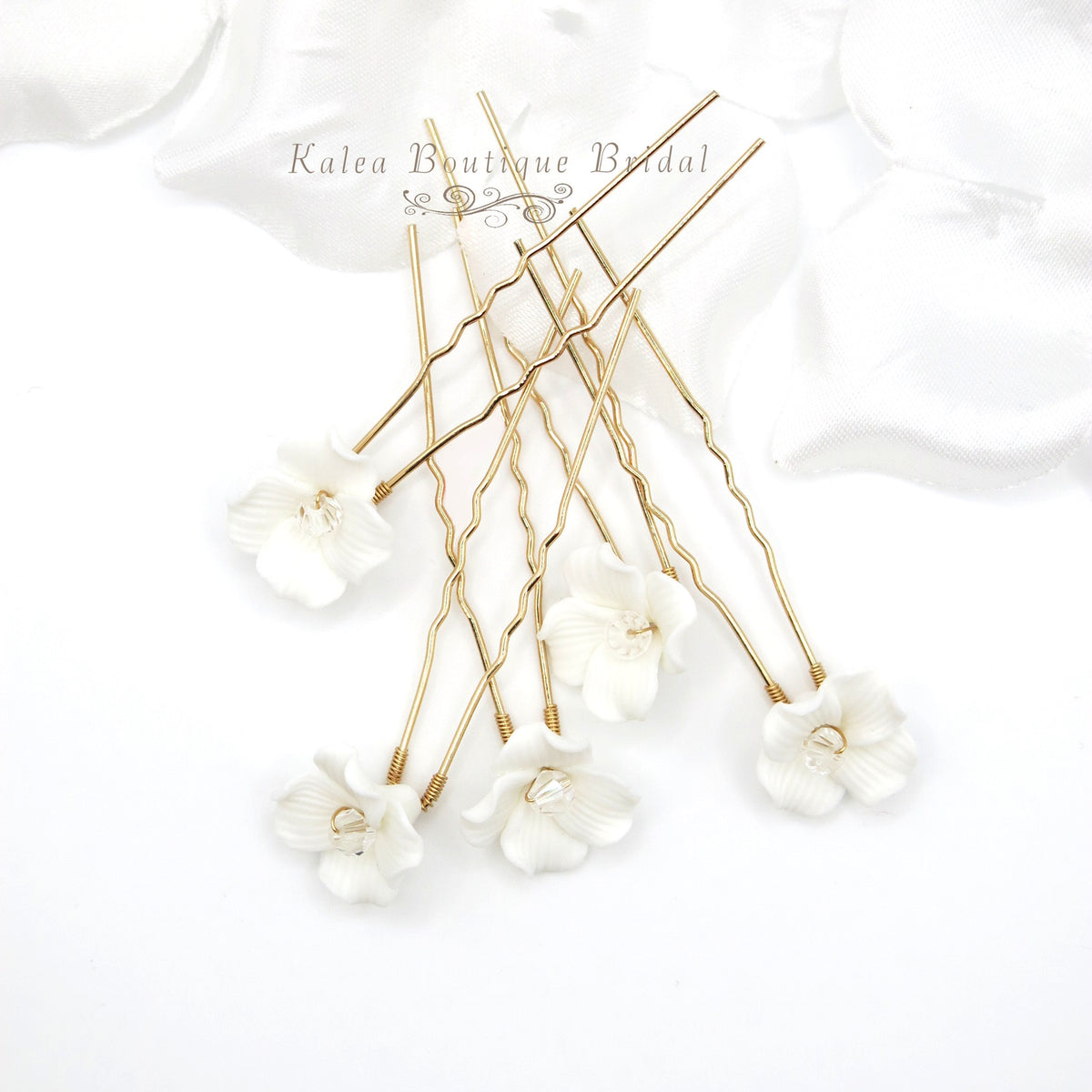 Porcelain Flower 5 PC Hairpin Set, Wedding Ceramic Floral U Hair Pins, Bridal White Flower Hand Wired Hairpins, Set of 5 PC - KaleaBoutique.com