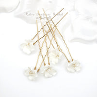Porcelain Flower 5 PC Hairpin Set, Wedding Ceramic Floral U Hair Pins, Bridal White Flower Hand Wired Hairpins, Set of 5 PC - KaleaBoutique.com