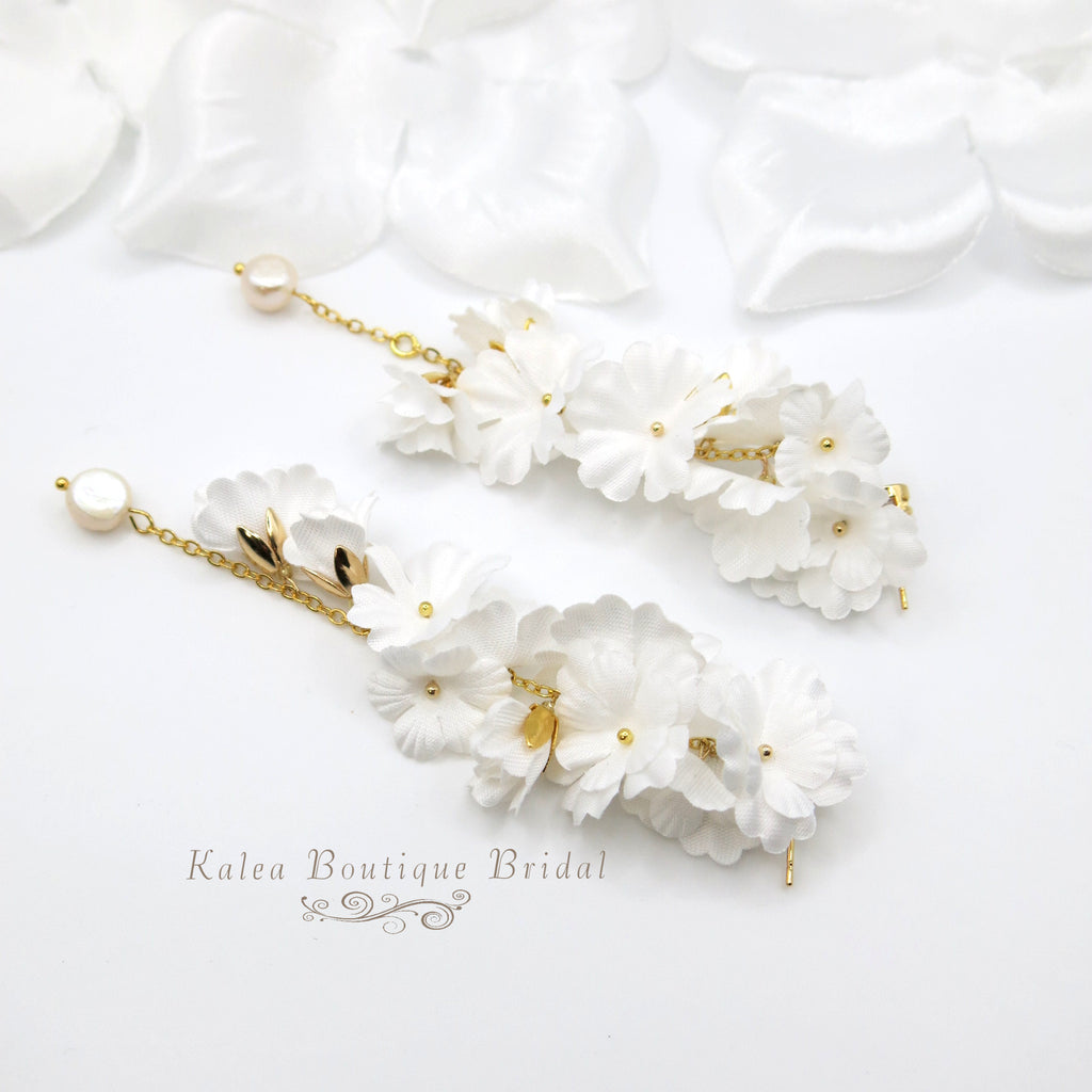 White Silk Flower Dangle Earrings, Custom Floral Wedding Earrings, Bridal Floral Statement Earrings, Silk Flower Petal Stud Earrings for Bride - KaleaBoutique.com
