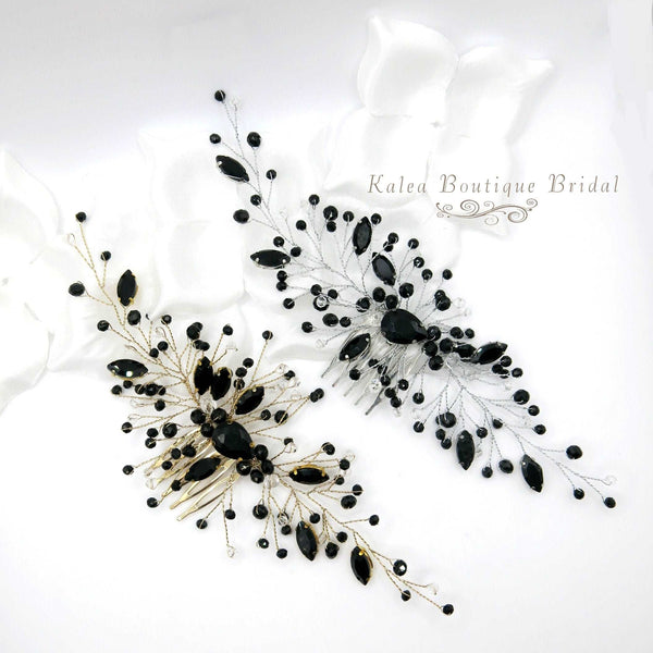 Black Gem Bridal Hair Comb, Rhinestone Gothic Hairpiece, Large Wedding Black Crystal Headpiece - KaleaBoutique.com