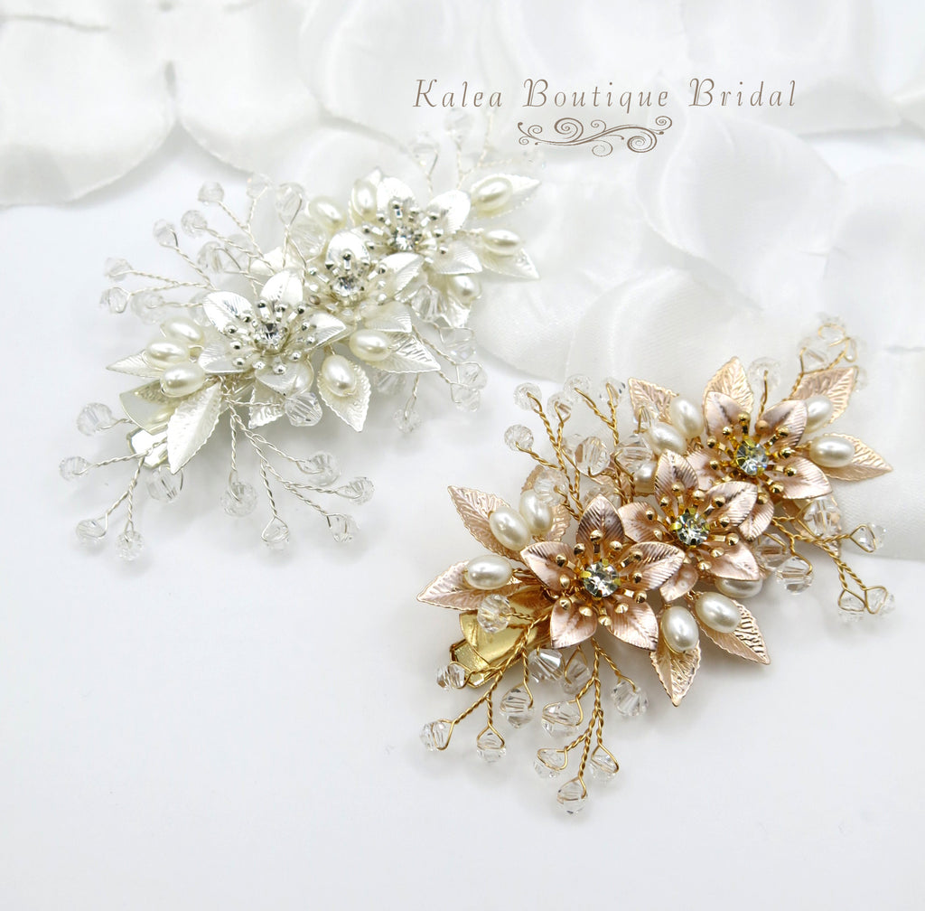 Embossed Metal Flower Hairclip, Gold Leaf Bridal Alligator Floral Wedding Hair Clip, Gold or Silver - KaleaBoutique.com