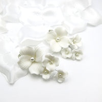 White Floral Ceramic Earrings, Bridal White Clay Big Flower Earrings, Wedding Porcelain Large Flower Earrings - KaleaBoutique.com
