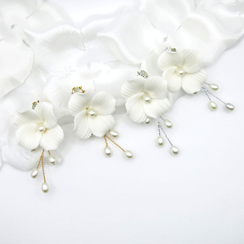 White Magnolia Floral Ceramic Earrings, Bridal White Clay Big Flower Earrings, Wedding Porcelain Large Flower Earrings - KaleaBoutique.com