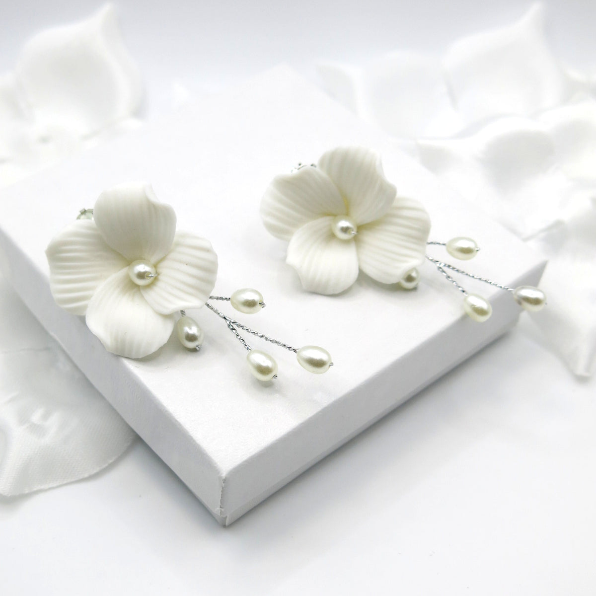 White Magnolia Floral Ceramic Earrings, Bridal White Clay Big Flower Earrings, Wedding Porcelain Large Flower Earrings - KaleaBoutique.com