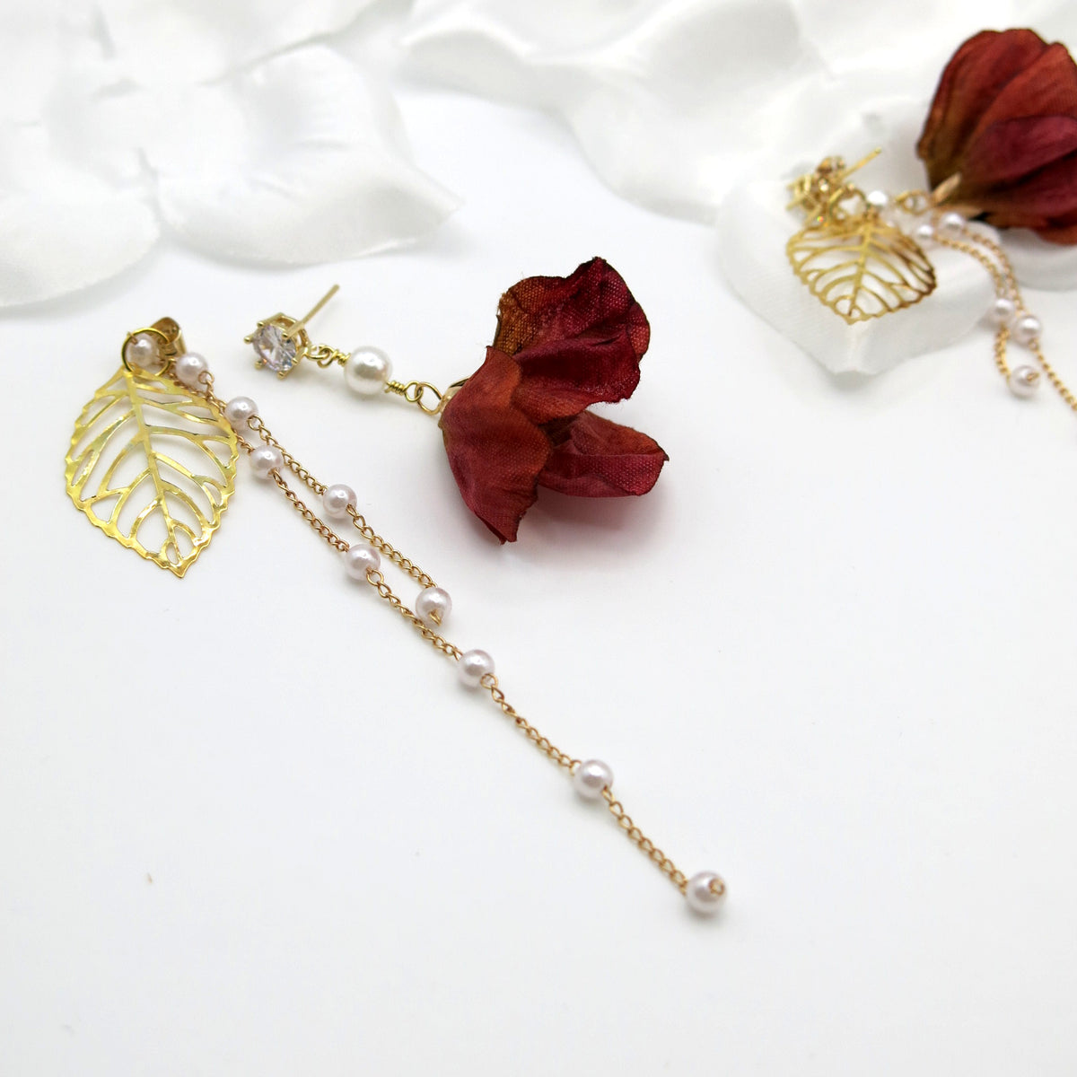 Camellia Silk Flower Chain Earrings, Custom Floral Wedding Earrings, Bridal Floral Boho Dangle Earrings - KaleaBoutique.com
