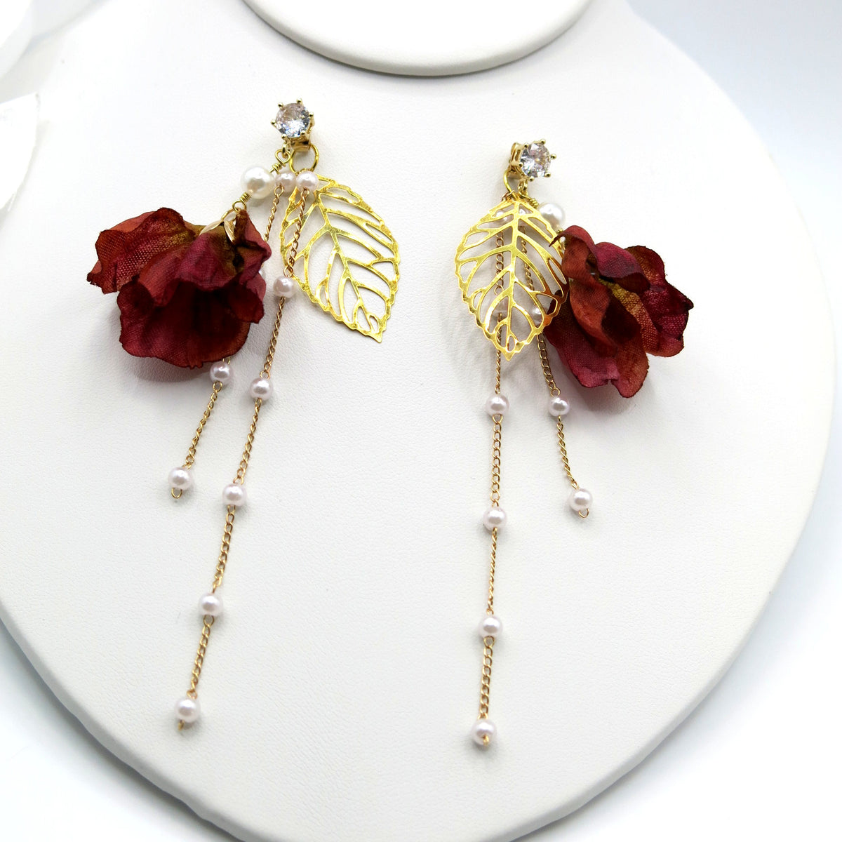 Camellia Silk Flower Chain Earrings, Custom Floral Wedding Earrings, Bridal Floral Boho Dangle Earrings - KaleaBoutique.com