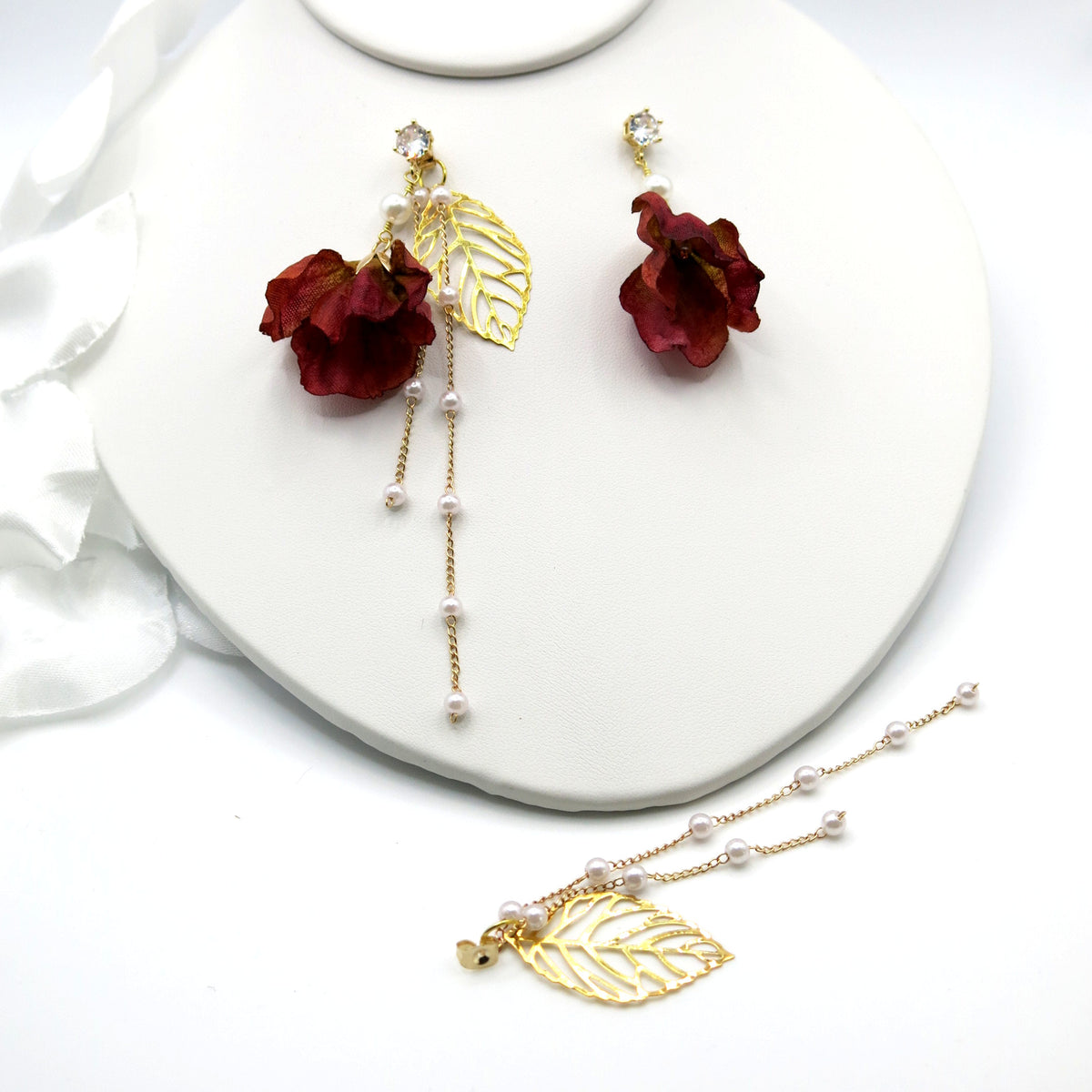 Camellia Silk Flower Chain Earrings, Custom Floral Wedding Earrings, Bridal Floral Boho Dangle Earrings - KaleaBoutique.com