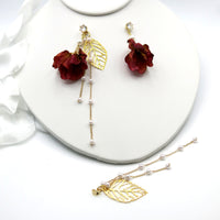 Camellia Silk Flower Chain Earrings, Custom Floral Wedding Earrings, Bridal Floral Boho Dangle Earrings - KaleaBoutique.com